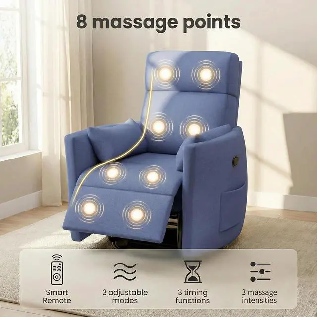 Alt view image 5 of 7 - 360° Swivel Recliner Chair, Comfy Loop Yarn Fabric Nursery Rocking Chair with Vibration Massage, Manual Glider Nursing Chair with Side Pockets and 2 Pillows for Living Room Nursery (Blue)