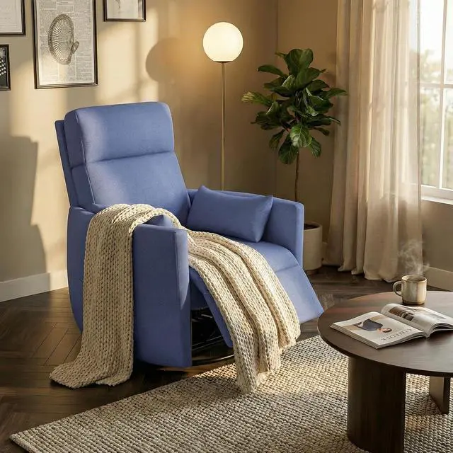 Alt view image 4 of 7 - 360° Swivel Recliner Chair, Comfy Loop Yarn Fabric Nursery Rocking Chair with Vibration Massage, Manual Glider Nursing Chair with Side Pockets and 2 Pillows for Living Room Nursery (Blue)