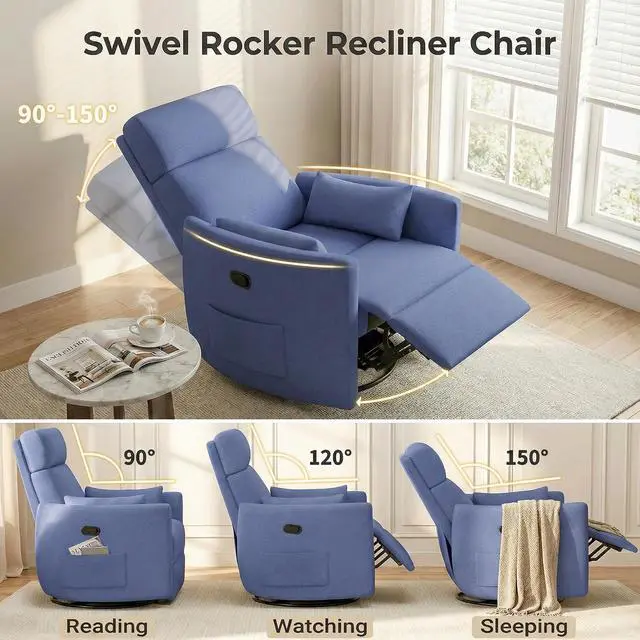 Alt view image 6 of 7 - 360° Swivel Recliner Chair, Comfy Loop Yarn Fabric Nursery Rocking Chair with Vibration Massage, Manual Glider Nursing Chair with Side Pockets and 2 Pillows for Living Room Nursery (Blue)