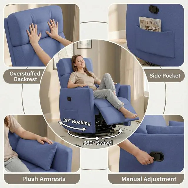 Alt view image 7 of 7 - 360° Swivel Recliner Chair, Comfy Loop Yarn Fabric Nursery Rocking Chair with Vibration Massage, Manual Glider Nursing Chair with Side Pockets and 2 Pillows for Living Room Nursery (Blue)