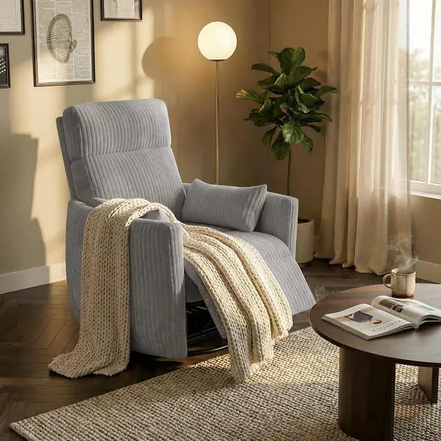 Main image of 360° Swivel Recliner Chair, Comfy Corduroy Fabric Nursery Rocking Chair with Vibration Massage, Manual Glider Nursing Chair with Side Pockets and 2 Pillows for Living Room Nursery (Dark Gray)