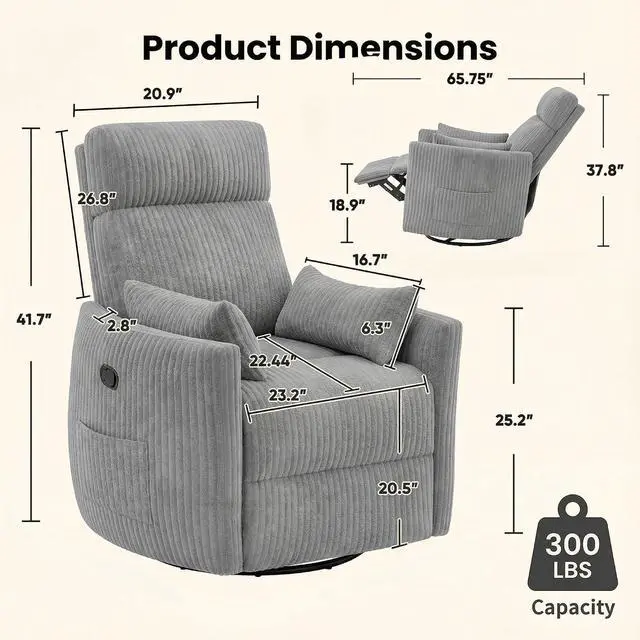 Alt view image 2 of 7 - 360° Swivel Recliner Chair, Comfy Corduroy Fabric Nursery Rocking Chair with Vibration Massage, Manual Glider Nursing Chair with Side Pockets and 2 Pillows for Living Room Nursery (Dark Gray)