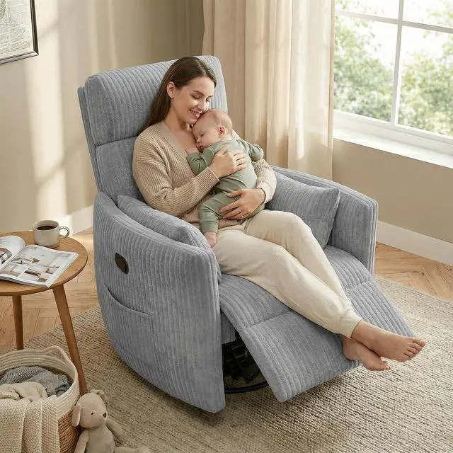 Alt view image 3 of 7 - 360° Swivel Recliner Chair, Comfy Corduroy Fabric Nursery Rocking Chair with Vibration Massage, Manual Glider Nursing Chair with Side Pockets and 2 Pillows for Living Room Nursery (Dark Gray)