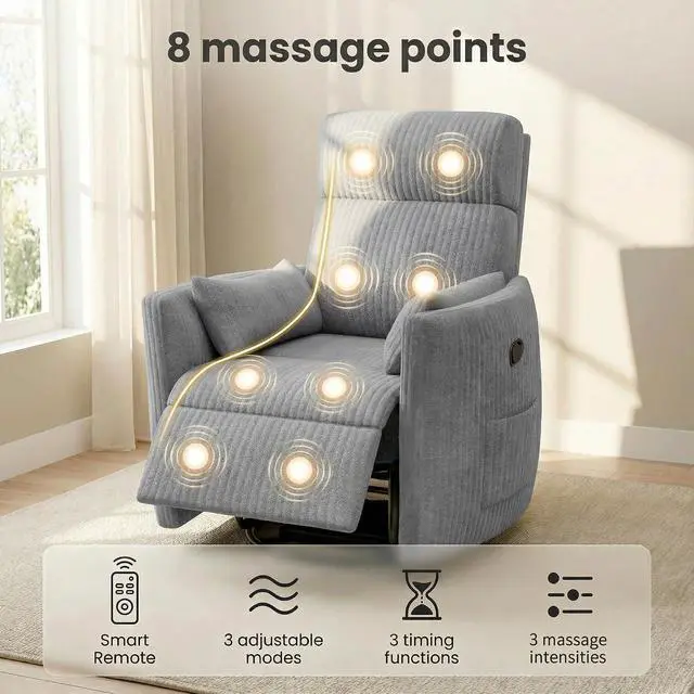Alt view image 4 of 7 - 360° Swivel Recliner Chair, Comfy Corduroy Fabric Nursery Rocking Chair with Vibration Massage, Manual Glider Nursing Chair with Side Pockets and 2 Pillows for Living Room Nursery (Dark Gray)