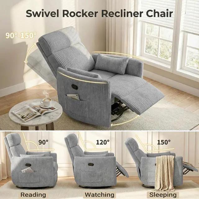 Alt view image 5 of 7 - 360° Swivel Recliner Chair, Comfy Corduroy Fabric Nursery Rocking Chair with Vibration Massage, Manual Glider Nursing Chair with Side Pockets and 2 Pillows for Living Room Nursery (Dark Gray)