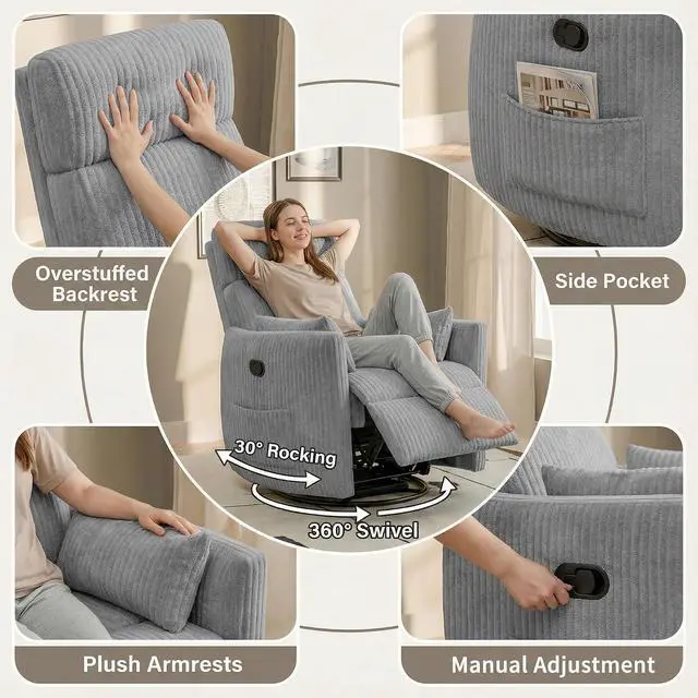 Alt view image 6 of 7 - 360° Swivel Recliner Chair, Comfy Corduroy Fabric Nursery Rocking Chair with Vibration Massage, Manual Glider Nursing Chair with Side Pockets and 2 Pillows for Living Room Nursery (Dark Gray)