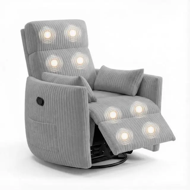 Alt view image 7 of 7 - 360° Swivel Recliner Chair, Comfy Corduroy Fabric Nursery Rocking Chair with Vibration Massage, Manual Glider Nursing Chair with Side Pockets and 2 Pillows for Living Room Nursery (Dark Gray)