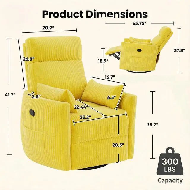 Alt view image 3 of 7 - 360° Swivel Recliner Chair, Comfy Corduroy Fabric Nursery Rocking Chair with Vibration Massage, Manual Glider Nursing Chair with Side Pockets and 2 Pillows for Living Room Nursery (Yellow)