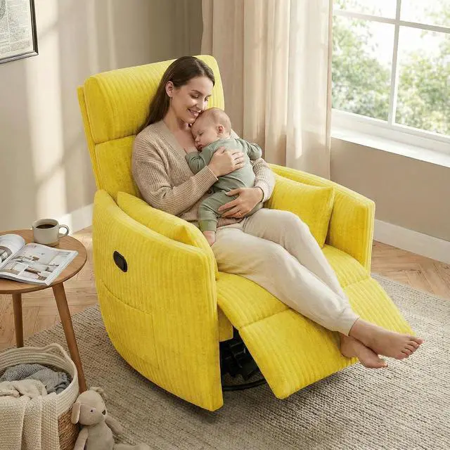 Alt view image 2 of 7 - 360° Swivel Recliner Chair, Comfy Corduroy Fabric Nursery Rocking Chair with Vibration Massage, Manual Glider Nursing Chair with Side Pockets and 2 Pillows for Living Room Nursery (Yellow)