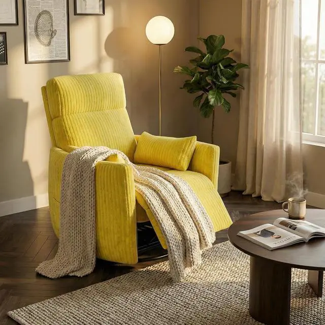 Alt view image 4 of 7 - 360° Swivel Recliner Chair, Comfy Corduroy Fabric Nursery Rocking Chair with Vibration Massage, Manual Glider Nursing Chair with Side Pockets and 2 Pillows for Living Room Nursery (Yellow)
