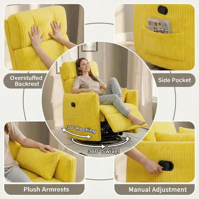 Alt view image 5 of 7 - 360° Swivel Recliner Chair, Comfy Corduroy Fabric Nursery Rocking Chair with Vibration Massage, Manual Glider Nursing Chair with Side Pockets and 2 Pillows for Living Room Nursery (Yellow)
