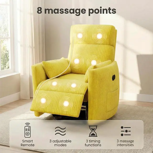 Alt view image 6 of 7 - 360° Swivel Recliner Chair, Comfy Corduroy Fabric Nursery Rocking Chair with Vibration Massage, Manual Glider Nursing Chair with Side Pockets and 2 Pillows for Living Room Nursery (Yellow)