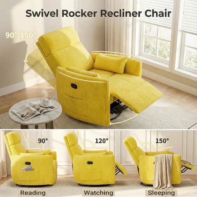 Alt view image 7 of 7 - 360° Swivel Recliner Chair, Comfy Corduroy Fabric Nursery Rocking Chair with Vibration Massage, Manual Glider Nursing Chair with Side Pockets and 2 Pillows for Living Room Nursery (Yellow)