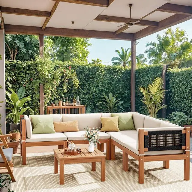 Alt view image 2 of 7 - Outdoor Sectional Couch 6 Pieces Patio Sectional Sofa with Acacia Wood Coffee Table, Outdoor L-Shaped Couch with All-Weather Cushion for Patio,Deck,Backyard(White)