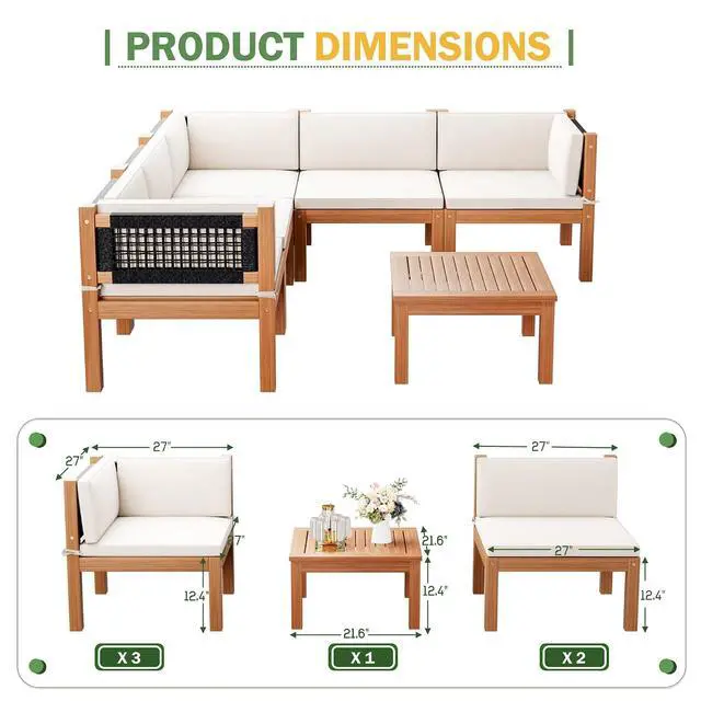 Alt view image 5 of 7 - Outdoor Sectional Couch 6 Pieces Patio Sectional Sofa with Acacia Wood Coffee Table, Outdoor L-Shaped Couch with All-Weather Cushion for Patio,Deck,Backyard(White)