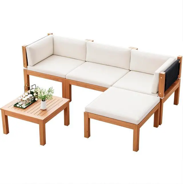Main image of 5 Pieces Acacia Wood Outdoor Sectional Sofa Set with Coffee Table, Outdoor L-Shaped Couch with All-Weather Cushion for Patio