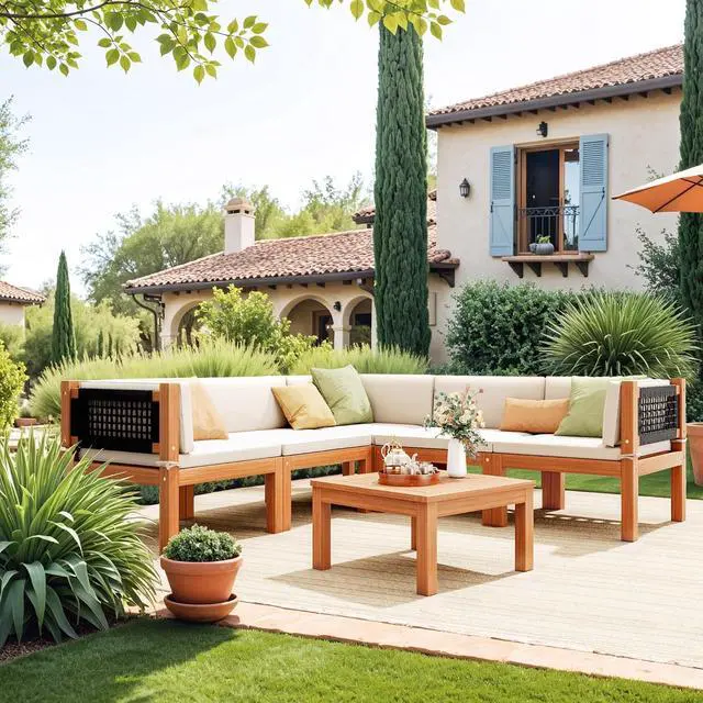 Alt view image 6 of 7 - Outdoor Sectional Couch 6 Pieces Patio Sectional Sofa with Acacia Wood Coffee Table, Outdoor L-Shaped Couch with All-Weather Cushion for Patio,Deck,Backyard(White)