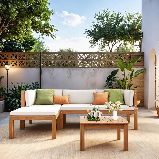 Alt view image 3 of 7 - 5 Pieces Acacia Wood Outdoor Sectional Sofa Set with Coffee Table, Outdoor L-Shaped Couch with All-Weather Cushion for Patio