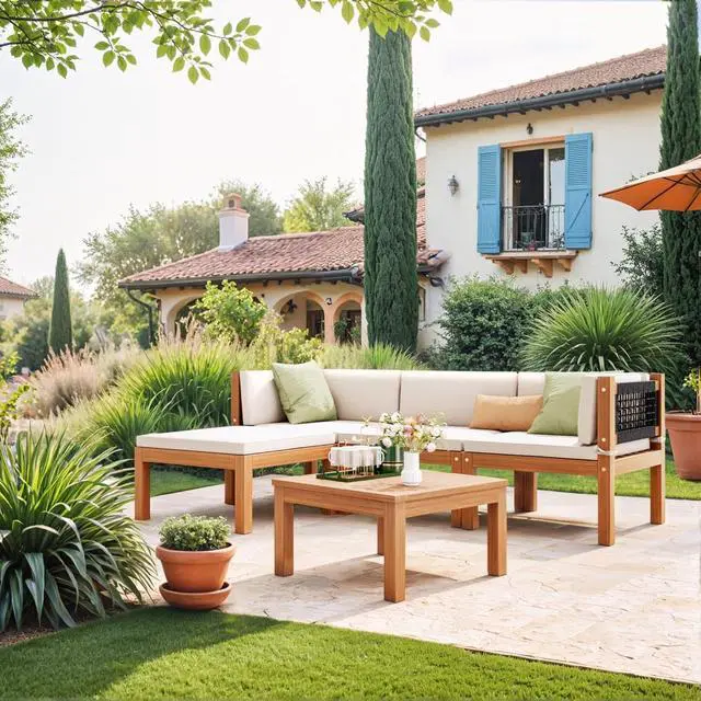Alt view image 2 of 7 - 5 Pieces Acacia Wood Outdoor Sectional Sofa Set with Coffee Table, Outdoor L-Shaped Couch with All-Weather Cushion for Patio