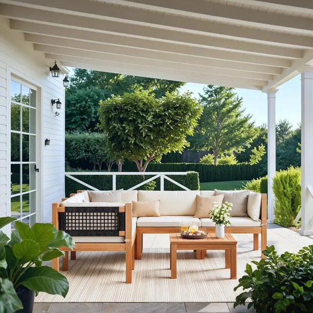 Alt view image 7 of 7 - Outdoor Sectional Couch 6 Pieces Patio Sectional Sofa with Acacia Wood Coffee Table, Outdoor L-Shaped Couch with All-Weather Cushion for Patio,Deck,Backyard(White)