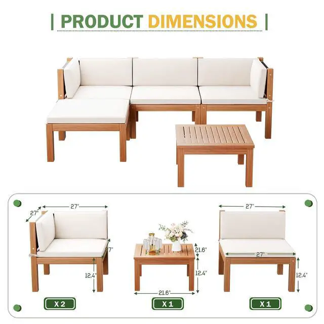 Alt view image 6 of 7 - 5 Pieces Acacia Wood Outdoor Sectional Sofa Set with Coffee Table, Outdoor L-Shaped Couch with All-Weather Cushion for Patio
