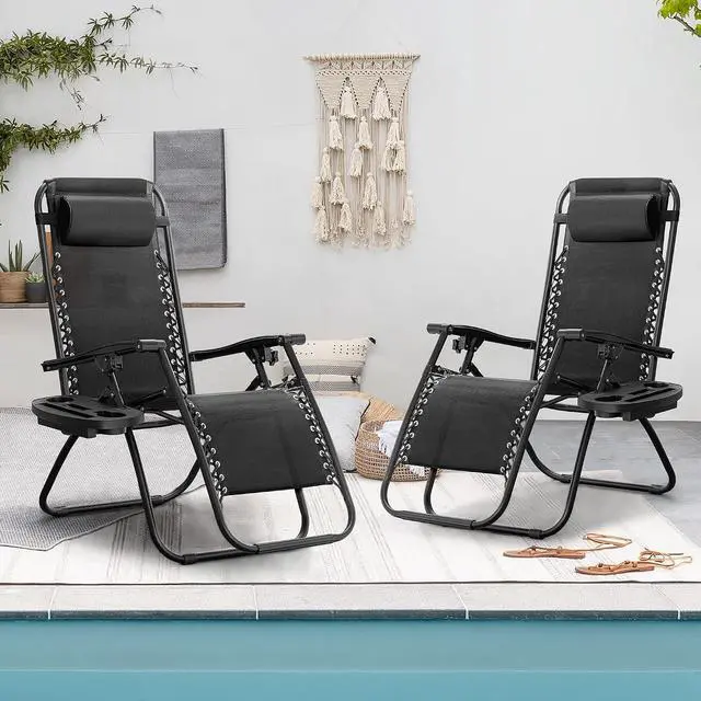 Alt view image 2 of 6 - Patio Zero Gravity Chair Outdoor Folding Lounge Chair Recliners Adjustable Lawn Lounge Chair with Pillow for Poolside, Yard and Camping (Black)