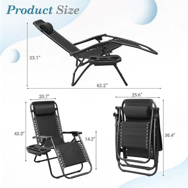 Alt view image 3 of 6 - Patio Zero Gravity Chair Outdoor Folding Lounge Chair Recliners Adjustable Lawn Lounge Chair with Pillow for Poolside, Yard and Camping (Black)