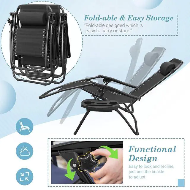 Alt view image 5 of 6 - Patio Zero Gravity Chair Outdoor Folding Lounge Chair Recliners Adjustable Lawn Lounge Chair with Pillow for Poolside, Yard and Camping (Black)