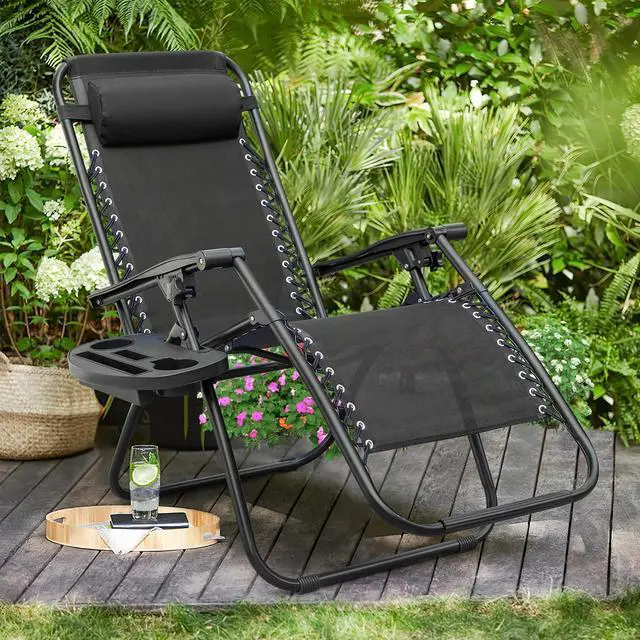 Alt view image 6 of 6 - Patio Zero Gravity Chair Outdoor Folding Lounge Chair Recliners Adjustable Lawn Lounge Chair with Pillow for Poolside, Yard and Camping (Black)