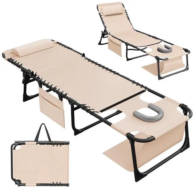 Main image of Beach Lounge Chair, Outdoor Sun Tanning Chair with Face Hole, Heavy Duty Folding Portable Lay Chaise Lounge Chairs for Outside Beach Pool Camping Patio, Beige
