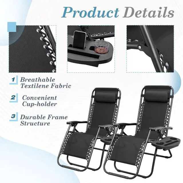 Alt view image 4 of 6 - Patio Zero Gravity Chair Outdoor Folding Lounge Chair Recliners Adjustable Lawn Lounge Chair with Pillow for Poolside, Yard and Camping (Black)