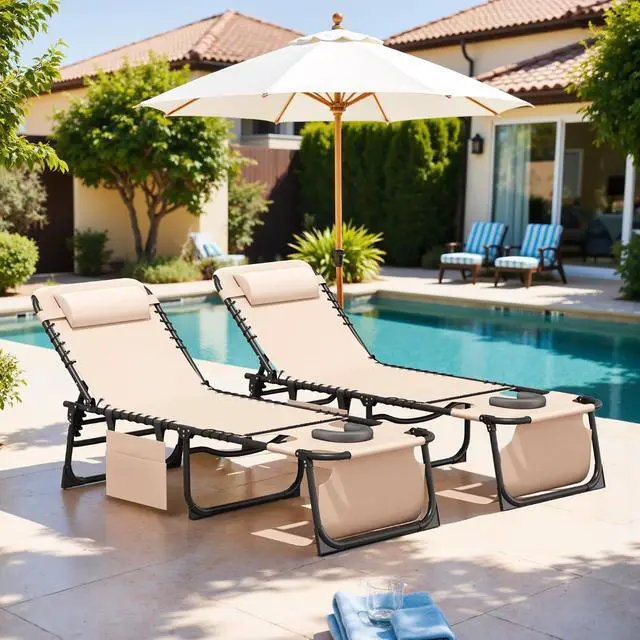 Alt view image 2 of 7 - Beach Lounge Chair, Outdoor Sun Tanning Chair with Face Hole, Heavy Duty Folding Portable Lay Chaise Lounge Chairs for Outside Beach Pool Camping Patio, Beige