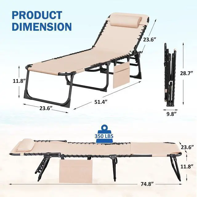 Alt view image 3 of 7 - Beach Lounge Chair, Outdoor Sun Tanning Chair with Face Hole, Heavy Duty Folding Portable Lay Chaise Lounge Chairs for Outside Beach Pool Camping Patio, Beige