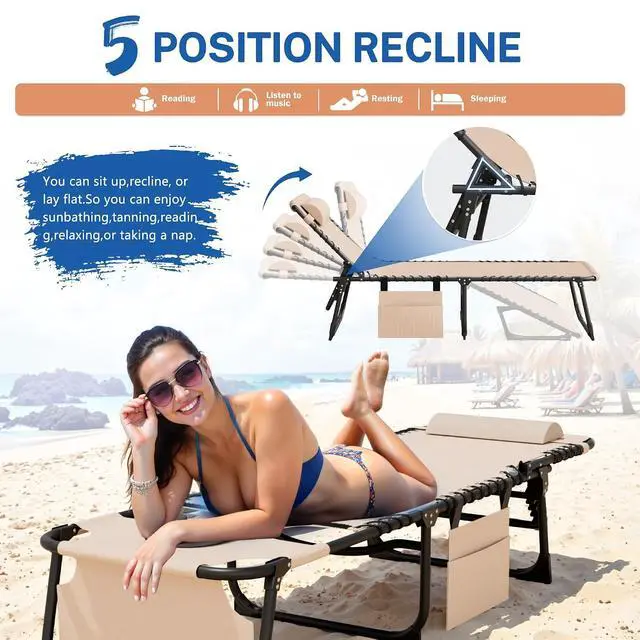 Alt view image 5 of 7 - Beach Lounge Chair, Outdoor Sun Tanning Chair with Face Hole, Heavy Duty Folding Portable Lay Chaise Lounge Chairs for Outside Beach Pool Camping Patio, Beige