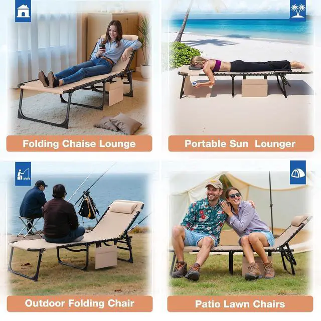 Alt view image 7 of 7 - Beach Lounge Chair, Outdoor Sun Tanning Chair with Face Hole, Heavy Duty Folding Portable Lay Chaise Lounge Chairs for Outside Beach Pool Camping Patio, Beige