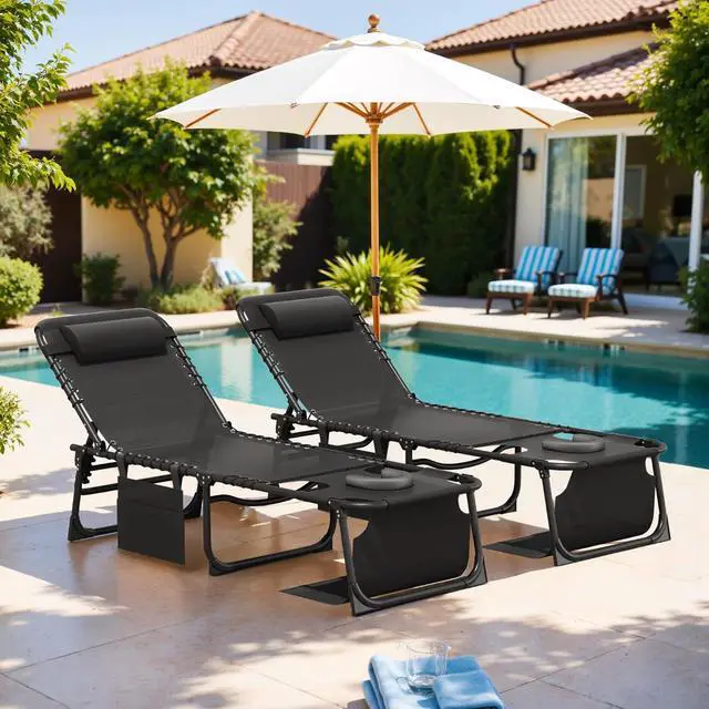 Alt view image 2 of 7 - Beach Lounge Chair, Outdoor Sun Tanning Chair with Face Hole, Heavy Duty Folding Portable Lay Chaise Lounge Chairs for Outside Beach Pool Camping Patio, Black