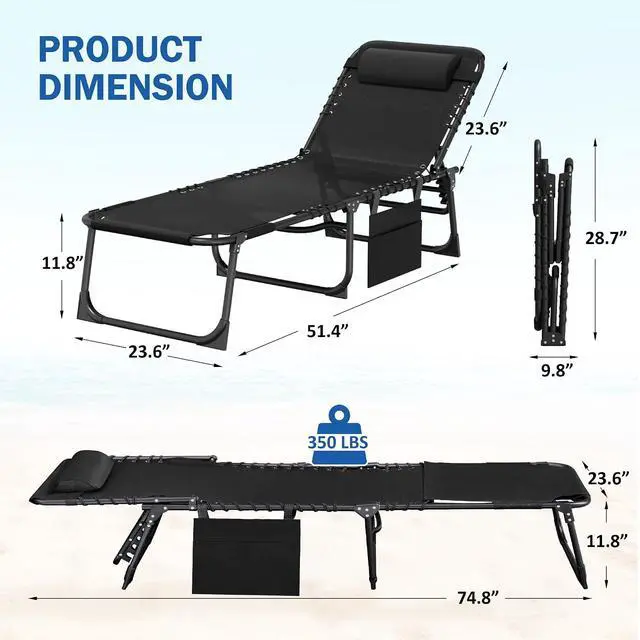 Alt view image 3 of 7 - Beach Lounge Chair, Outdoor Sun Tanning Chair with Face Hole, Heavy Duty Folding Portable Lay Chaise Lounge Chairs for Outside Beach Pool Camping Patio, Black