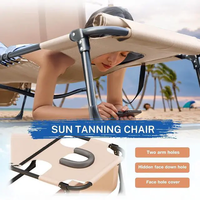 Alt view image 4 of 7 - Beach Lounge Chair, Outdoor Sun Tanning Chair with Face Hole, Heavy Duty Folding Portable Lay Chaise Lounge Chairs for Outside Beach Pool Camping Patio, Beige