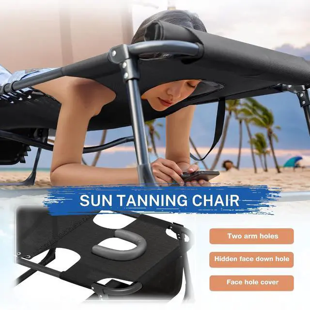 Alt view image 4 of 7 - Beach Lounge Chair, Outdoor Sun Tanning Chair with Face Hole, Heavy Duty Folding Portable Lay Chaise Lounge Chairs for Outside Beach Pool Camping Patio, Black