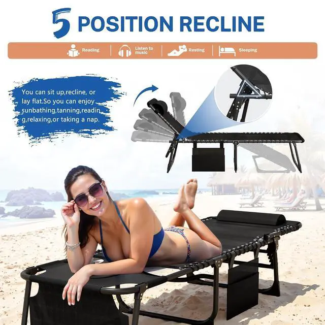 Alt view image 5 of 7 - Beach Lounge Chair, Outdoor Sun Tanning Chair with Face Hole, Heavy Duty Folding Portable Lay Chaise Lounge Chairs for Outside Beach Pool Camping Patio, Black