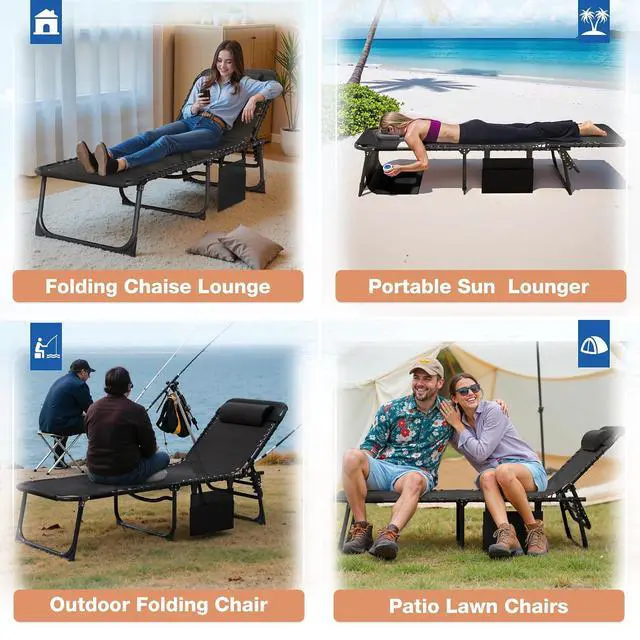 Alt view image 6 of 7 - Beach Lounge Chair, Outdoor Sun Tanning Chair with Face Hole, Heavy Duty Folding Portable Lay Chaise Lounge Chairs for Outside Beach Pool Camping Patio, Black