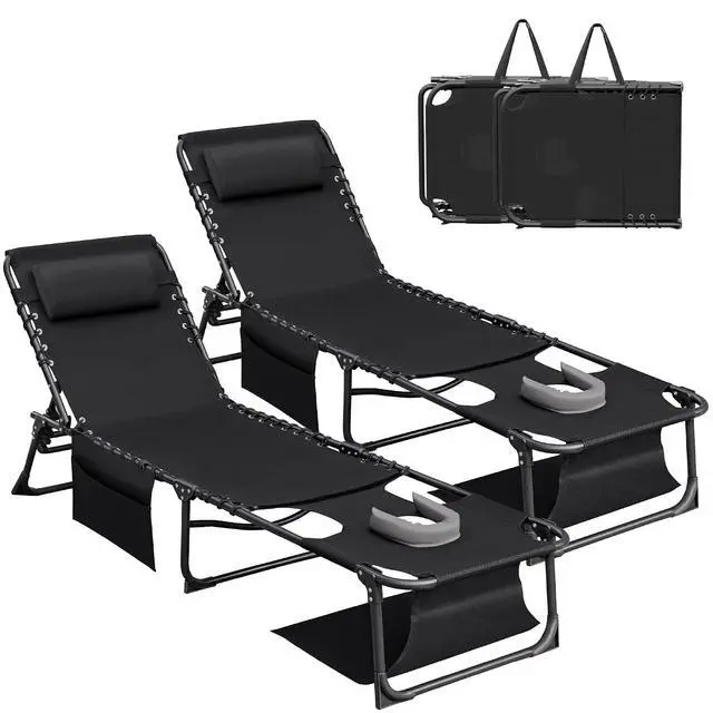 Alt view image 7 of 7 - Beach Lounge Chair, Outdoor Sun Tanning Chair with Face Hole, Heavy Duty Folding Portable Lay Chaise Lounge Chairs for Outside Beach Pool Camping Patio, Black