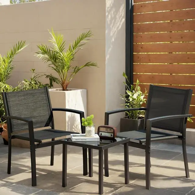 Main image of 3 Pieces Patio Furniture Set Outdoor Textilene Patio Chair Set of 2 with Table Modern Conversation Porch Set for Yard, Garden, Porch and Poolside (Black)