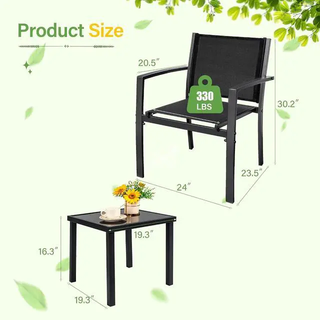 Alt view image 4 of 7 - 3 Pieces Patio Furniture Set Outdoor Textilene Patio Chair Set of 2 with Table Modern Conversation Porch Set for Yard, Garden, Porch and Poolside (Black)
