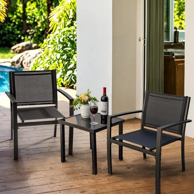 Alt view image 5 of 7 - 3 Pieces Patio Furniture Set Outdoor Textilene Patio Chair Set of 2 with Table Modern Conversation Porch Set for Yard, Garden, Porch and Poolside (Black)