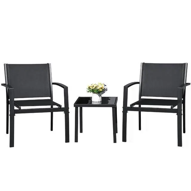 Alt view image 7 of 7 - 3 Pieces Patio Furniture Set Outdoor Textilene Patio Chair Set of 2 with Table Modern Conversation Porch Set for Yard, Garden, Porch and Poolside (Black)