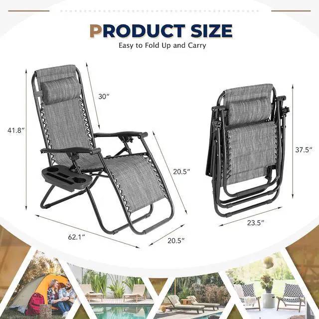 Alt view image 3 of 7 - Zero Gravity Chair Set of 2 Patio Outdoor Adjustable Reclining Folding Chair Lawn Lounge Chair for Deck Beach Yard and Beach with Pillows