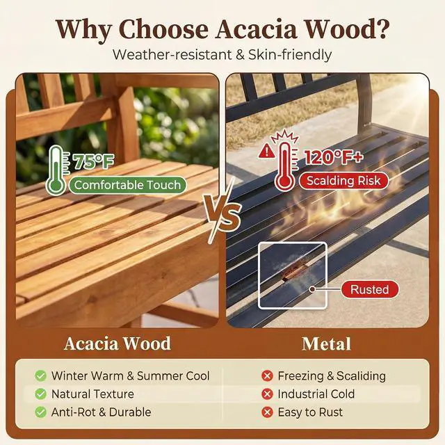 Alt view image 4 of 7 - Outdoor Bench with Pull-Up Center Table, Acacia Wood Bench Folding Loveseat for 2 Person, Weather-Resistant Patio Seating for Garden, Backyard, Porch, Poolside, Log Brown