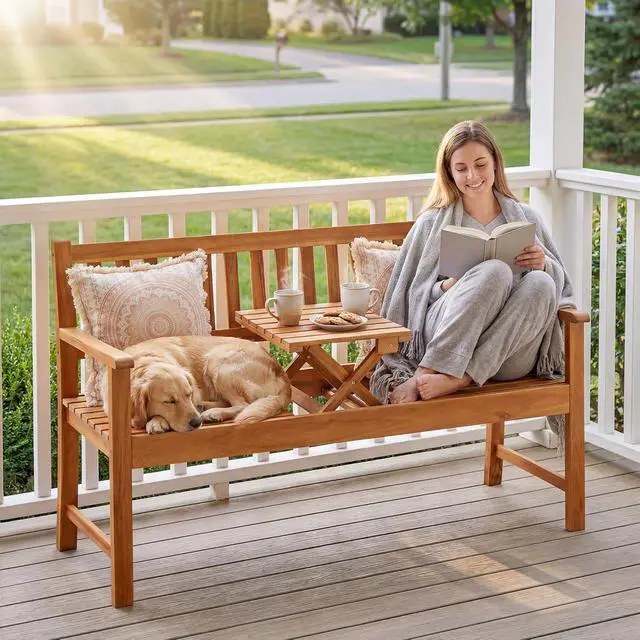 Alt view image 2 of 7 - Outdoor Bench with Pull-Up Center Table, Acacia Wood Bench Folding Loveseat for 2 Person, Weather-Resistant Patio Seating for Garden, Backyard, Porch, Poolside, Log Brown