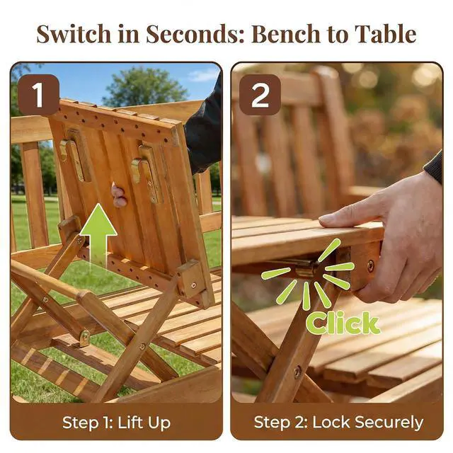Alt view image 5 of 7 - Outdoor Bench with Pull-Up Center Table, Acacia Wood Bench Folding Loveseat for 2 Person, Weather-Resistant Patio Seating for Garden, Backyard, Porch, Poolside, Log Brown